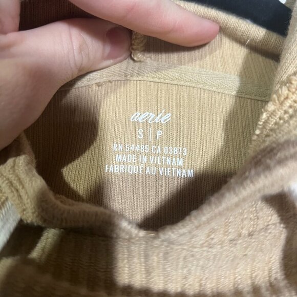Aerie Cropped Hoodie Ribbed Tan Drawstrings Size Small Cozy Lounge Corduroy - Picture 7 of 8
